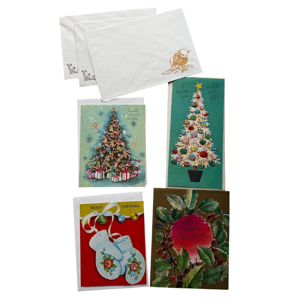 VTG Unbranded Christmas Greeting Cards Set of 4 Multicolor Mid Century Ephemera